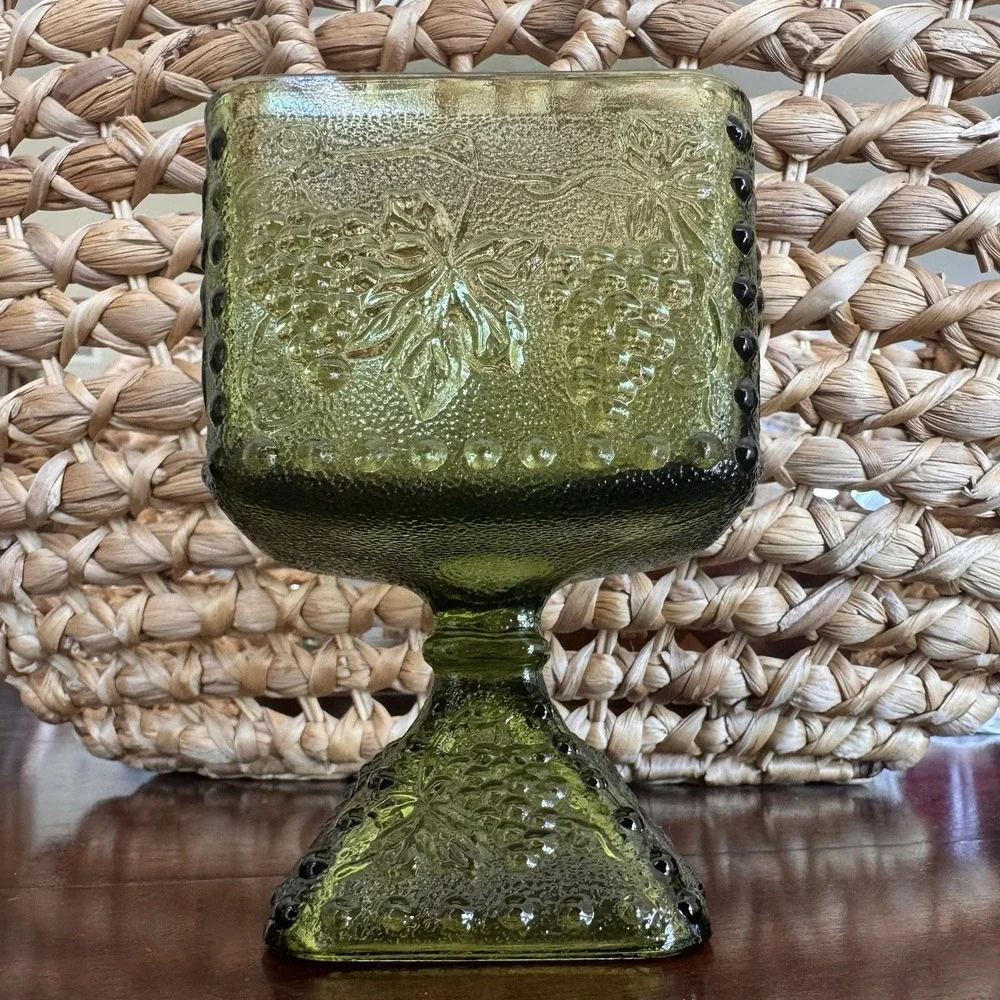 Vintage Indiana Glass Green Square Candy Dish Footed Pedestal Grape Vine